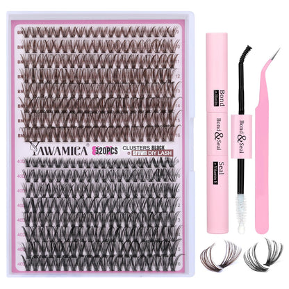 Yawamica DIY Eyelash Extension Kit 320pcs Individual Lashes Black Brown Mix 9-16mm Lash Clusters Kit with Lash Bond and Seal and Lash Applicator for Lash Extension Beginners