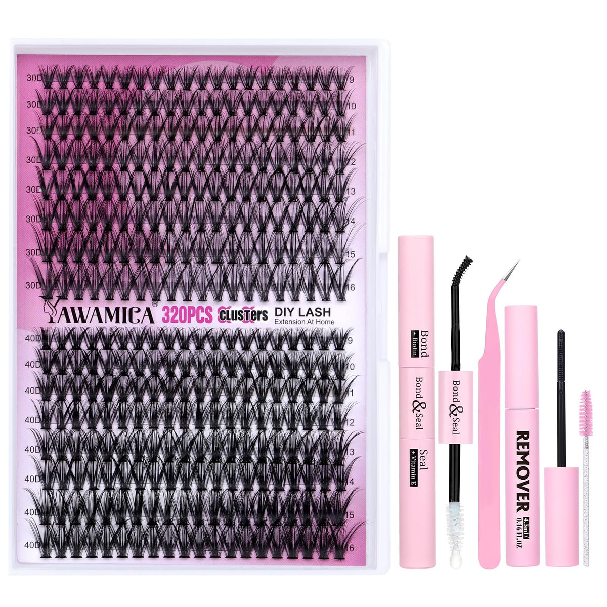Yawamica DIY Lash Extension Kit 320pcs Individual Lashes Cluster, 9-16mm Mix 30D 40D Eyelash Clusters Wispy Lash Clusters Kit with Bond and Seal and Remover and Lash Applicator for Beginners