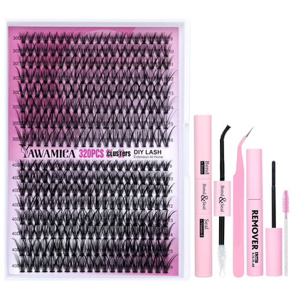 Yawamica DIY Lash Extension Kit 320pcs Individual Lashes Cluster, 9-16mm Mix 30D 40D Eyelash Clusters Wispy Lash Clusters Kit with Bond and Seal and Remover and Lash Applicator for Beginners