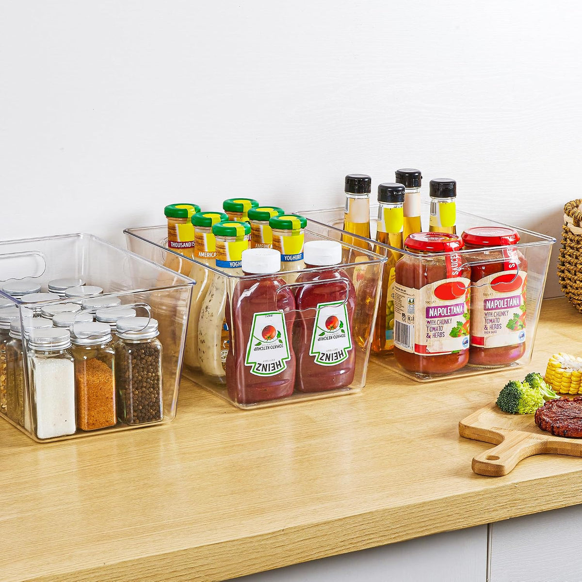 YIHONG Clear Storage Bins – Office Pantry Organizer for Snacks and Supplies, Side-Handle Clear Bins