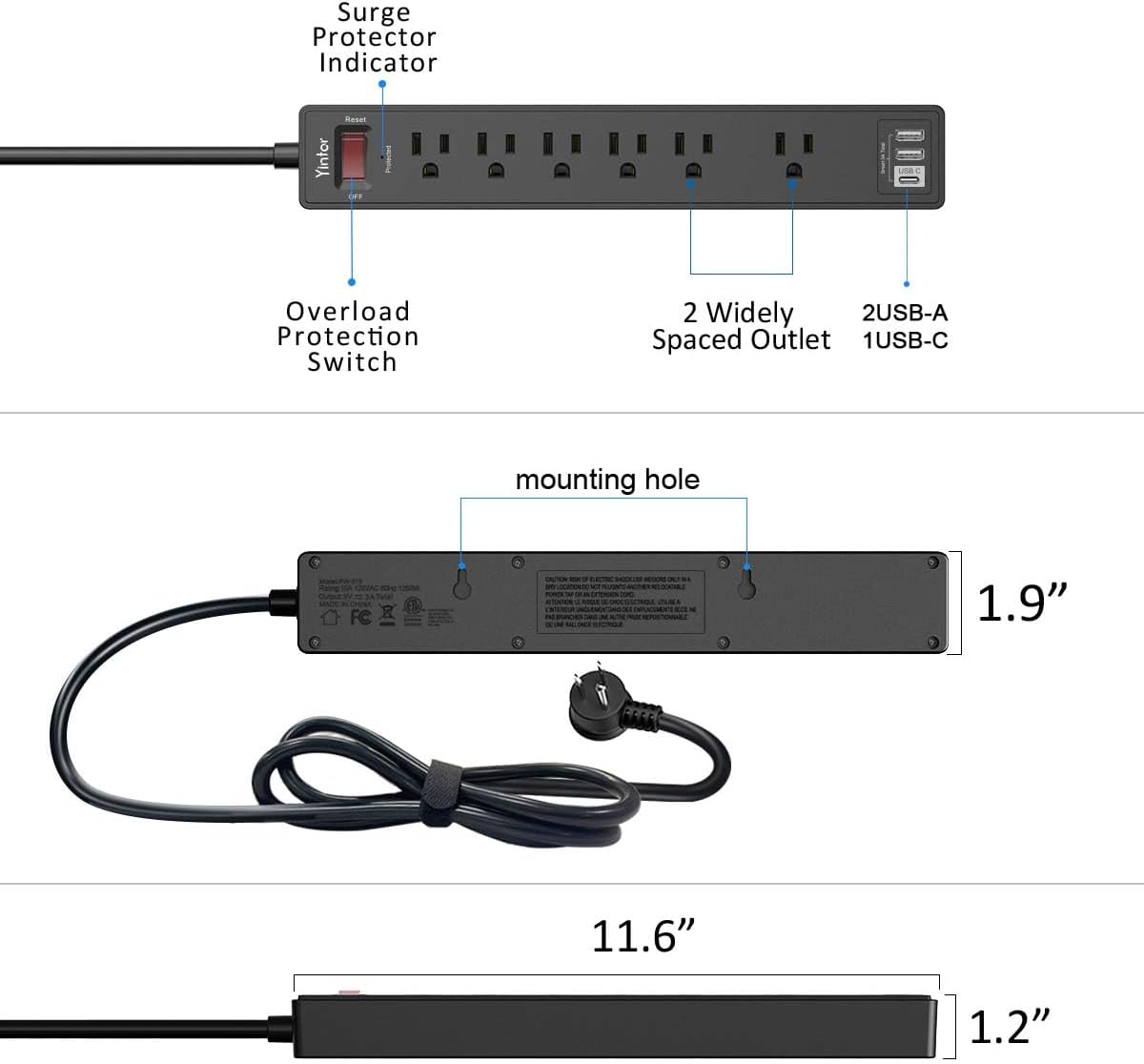 Yintar Surge Protected Power Strip for Bedroom Nightstand, 6 AC Outlets USB Charging Ports 6Ft Flat Plug Indicator Light White
