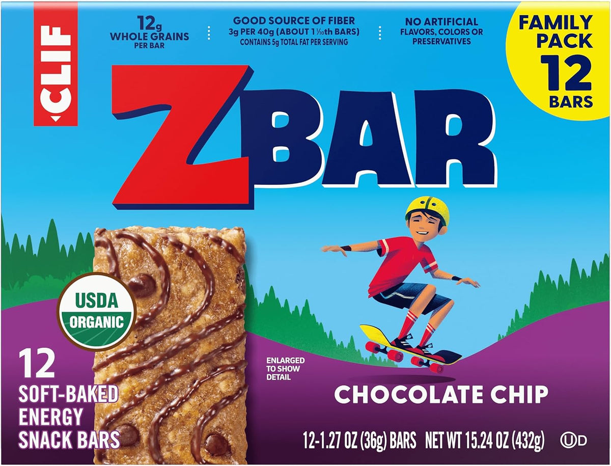 Zbar Chocolate Chip Energy Bars for Camping Trips, Soccer Sidelines, and Stroller Walks – Individually Wrapped 12-Pack
