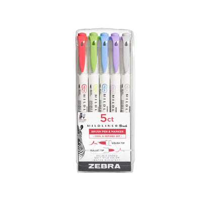 Zebra Pen, Mildliner Dual-Ended Brush Pens, Cool and Refined Color Palette, 5 Assorted Colors, Brush and Fine Tips, No Bleed-Through Ink for Calligraphy, Journaling, Planners, 5-Pack (79205)