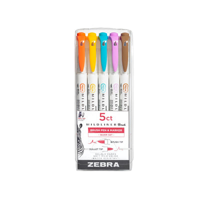 Zebra Pen, Mildliner Dual-Ended Brush Pens, Warm Color Palette, 5 Assorted Colors, Brush and Fine Tips, No Bleed-Through, Water-Resistant Ink for Calligraphy, Journaling, Planners, 5-Pack (79305)