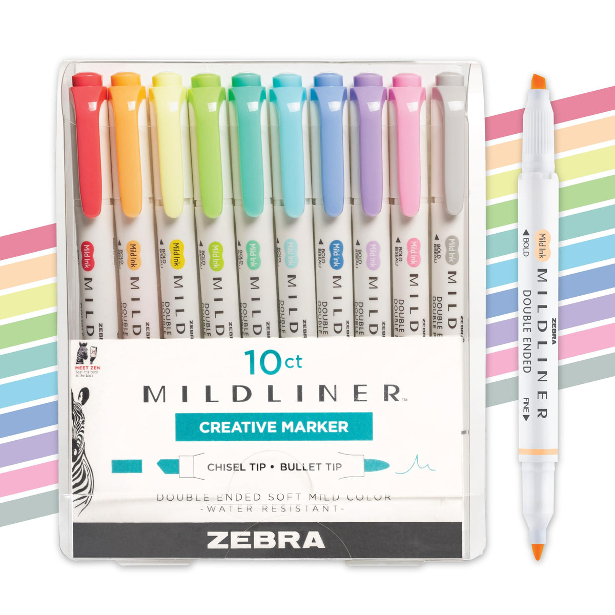 Zebra Pen Mildliner Dual-Tip Highlighter Marker Set, Broad and Fine Tips, No Bleed, Ideal for Bible Highlighting, Journaling and Note-Taking, Fluorescent and Cool Ink Colors, 10-Pack (78101)