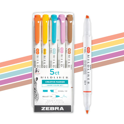 Zebra Pen Mildliner Dual-Tip Highlighter Set, Broad and Fine Point Tips, No Bleed, Ideal for Bible Highlighting, Journaling, Note-Taking and School Supplies, Assorted Warm Ink Colors, 5-Pack (78305)