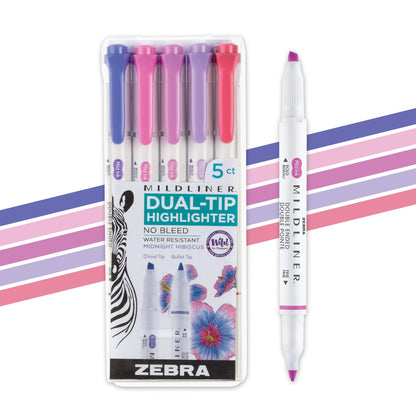 Zebra Pen Mildliner Dual-Tip Highlighter Set, Broad and Fine Tips, No Bleed, Ideal for Bible Highlighting, Journaling and Note-Taking, Assorted Midnight Hibiscus Ink Colors, 5-Pack (78375)