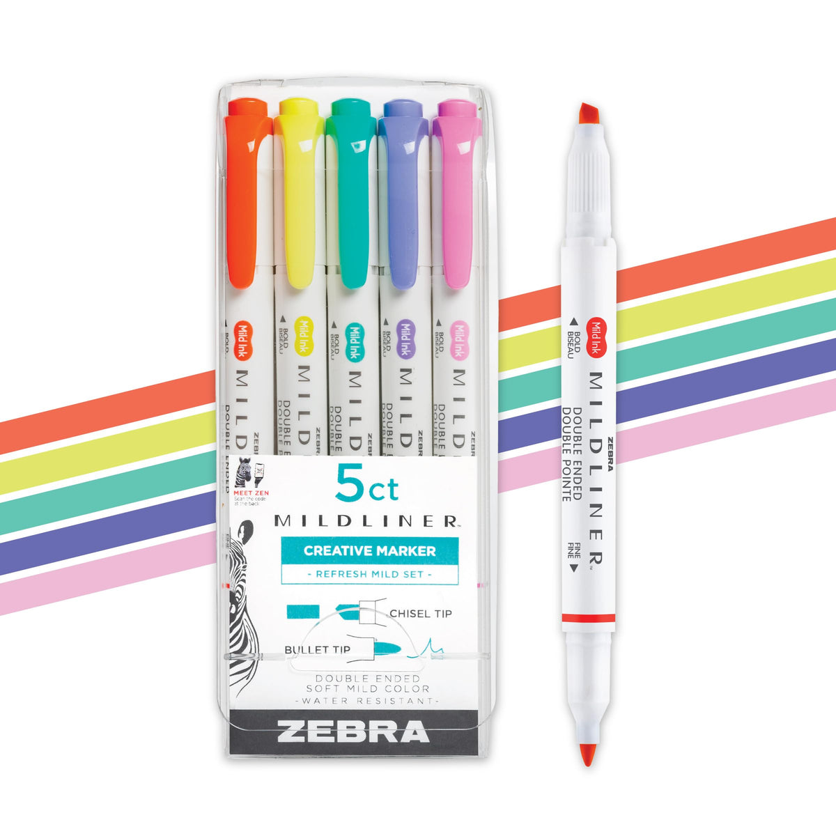 Zebra Pen Mildliner Dual-Tip Highlighter Set, Broad and Fine Tips, No Bleed, Ideal for Bible Highlighting, Journaling, Note-Taking and School Supplies, Assorted Bright Ink Colors, 5-Pack (78405)
