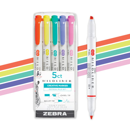 Zebra Pen Mildliner Dual-Tip Highlighter Set, Broad and Fine Tips, No Bleed, Ideal for Bible Highlighting, Journaling, Note-Taking and School Supplies, Assorted Bright Ink Colors, 5-Pack (78405)