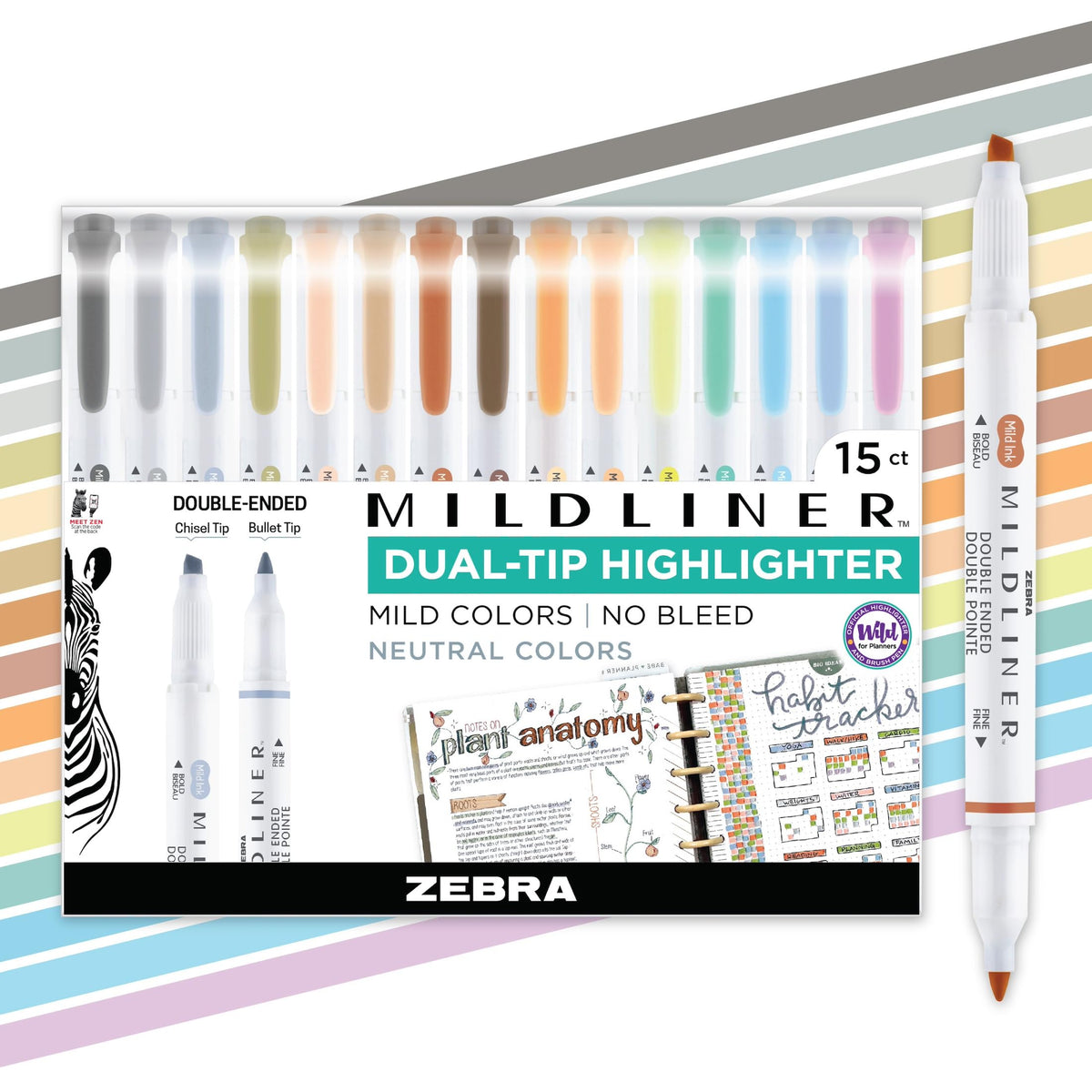 Zebra Pen Mildliner Dual-Tip Highlighter Set, Broad and Fine Point Tips, No Bleed, Ideal for Bible Highlighting, Journaling, School and Office Supplies, Neutral Vintage Ink Colors, 15-Pack (78315)