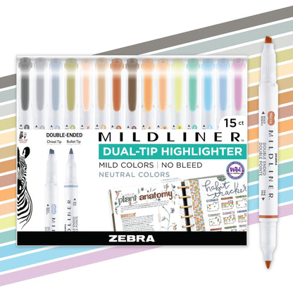 Zebra Pen Mildliner Dual-Tip Highlighter Set, Broad and Fine Point Tips, No Bleed, Ideal for Bible Highlighting, Journaling, School and Office Supplies, Neutral Vintage Ink Colors, 15-Pack (78315)