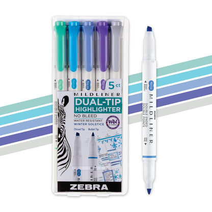 Zebra Pen Mildliner Dual-Tip Highlighter Set, Broad and Fine Tips, No Bleed, Ideal for Bible Highlighting, Journaling and Note-Taking, Assorted Winter Solstice Ink Colors, 5-Pack (78325)