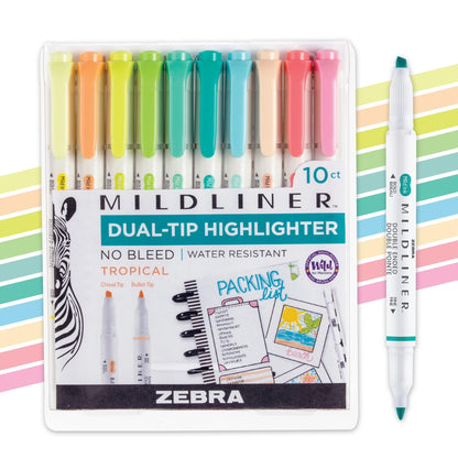 Zebra Pen Mildliner Dual-Tip Highlighter Set, Broad and Fine Point Tips, No Bleed, Ideal for Bible Highlighting, Journaling, School and Office Supplies, Tropical Bisque Ink Colors, 10-Pack (78301)