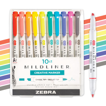 Zebra Pen Mildliner Dual-Tip Highlighter Set, Broad and Fine Tips, No Bleed, Ideal for Bible Highlighting, Journaling, Note-Taking and School Supplies, Friendly Ink Colors, 10-Pack (78501)