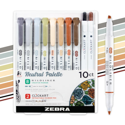 Zebra Pen Mildliner Dual-Tip Highlighters and 2 CLiCKART Markers, No Bleed, Ideal for Bible Highlighting, Journaling, Note-Taking and School Supplies, Neutral Vintage Ink Colors, 10-Pack (78601)