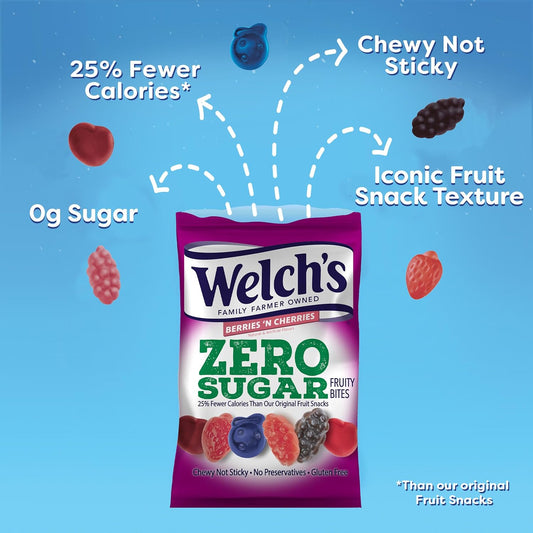 zero sugar and 25% fewer calories than original welch's fruit snacks
