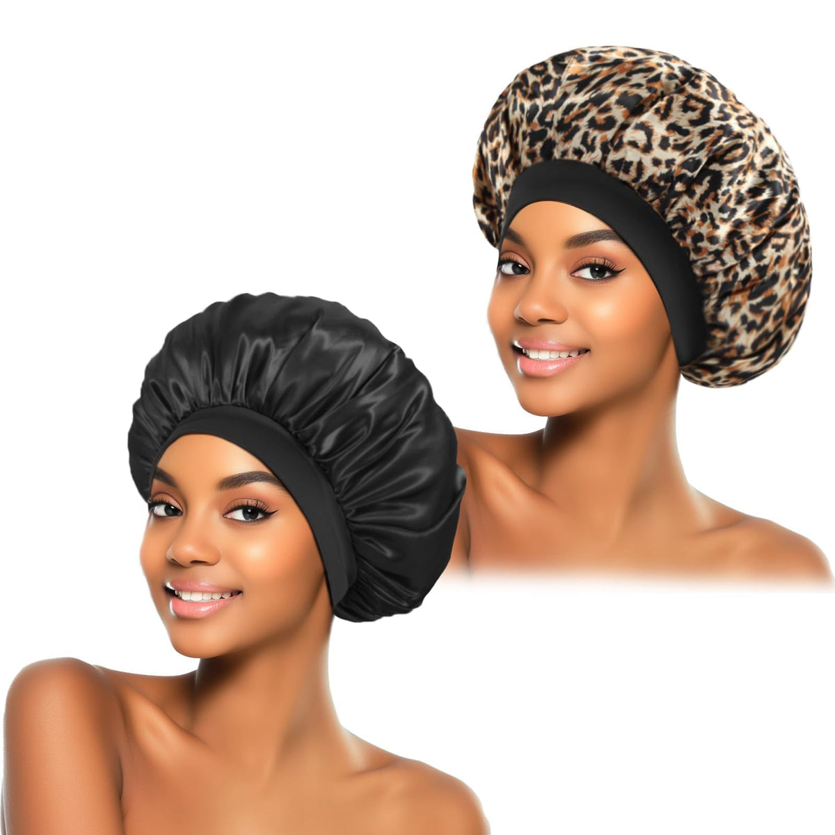 ZHENSILK 2Pcs Satin Bonnet for Sleeping, Silk Hair Bonnets, Soft Elastic Band Silk Sleep Cap, Hair Wrap for Women(Black Leopard)