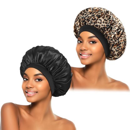 ZHENSILK 2Pcs Satin Bonnet for Sleeping, Silk Hair Bonnets, Soft Elastic Band Silk Sleep Cap, Hair Wrap for Women(Black Leopard)