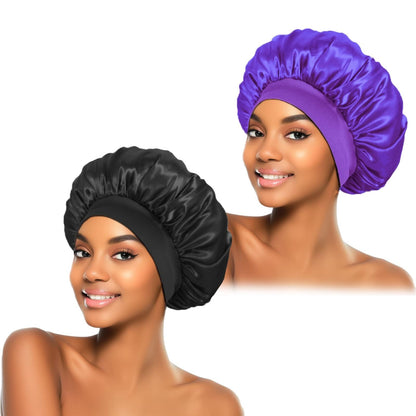ZHENSILK 2Pcs Silk Bonnet for Sleeping, Satin Hair Bonnets, Soft Elastic Band Silk Sleep Cap, Hair Wrap for Women(Black Purple)