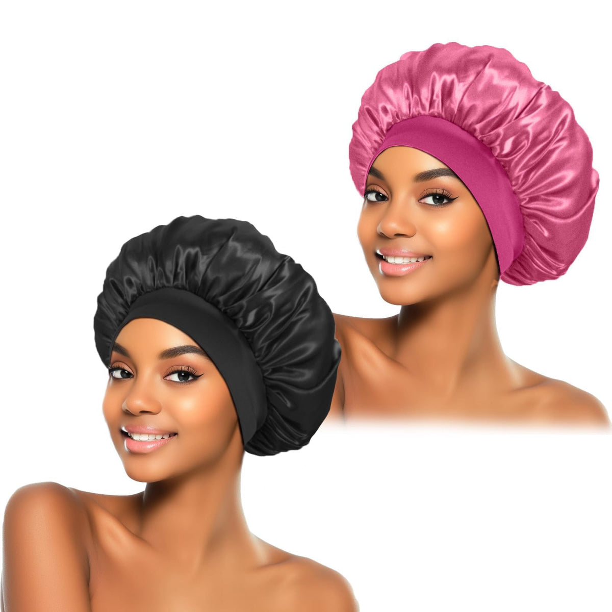 ZHENSILK 2Pcs Silk Bonnet for Sleeping, Satin Hair Bonnets, Soft Elastic Band Silk Sleep Cap, Hair Wrap for Women(Black Rose)
