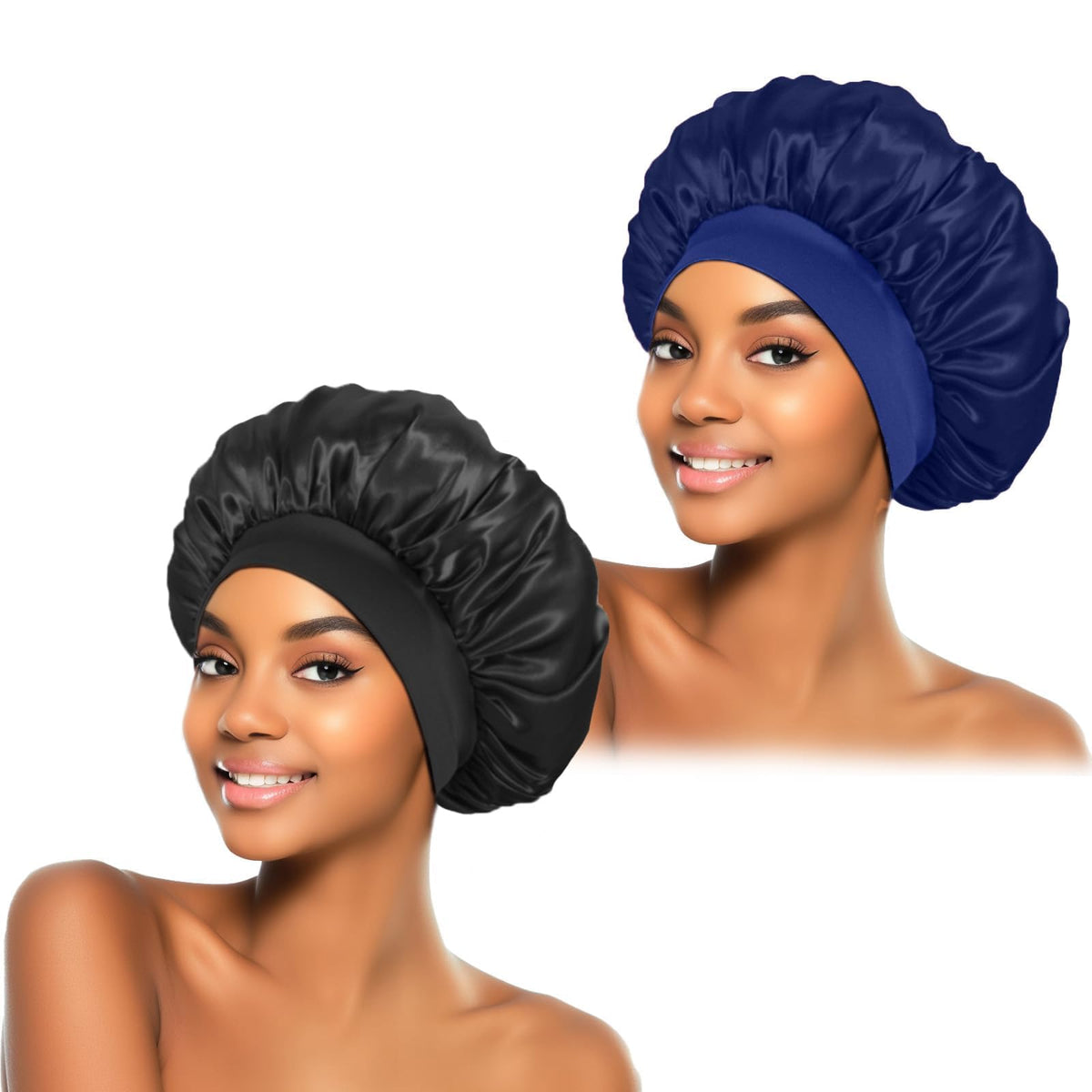 ZHENSILK 2Pcs Silk Bonnet for Sleeping, Satin Hair Bonnets, Soft Elastic Band Silk Sleep Cap, Hair Wrap for Women(Black Navy Blue)