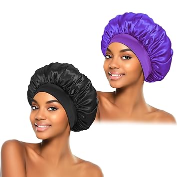 ZHENSILK Premium Silk Bonnet 2 Pack – High End Satin Sleep Cap Set in Black and Gold, Elegant Hair Wrap for Curly Natural Hair Care