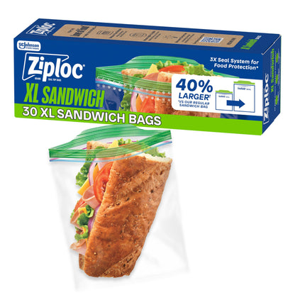 Ziploc XL Sandwich and Snack Bags with EasyGuide Texture, Plastic Storage Bags with Grip &amp;#39;n Seal Technology, 30 Bags Total