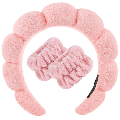 Zkptops Spa Headband for Washing Face Wristband Set Sponge Makeup Skincare Terry Cloth Bubble Soft Get Ready Hairband for Women Girl Puffy Padded Headwear Non Slip Thick Hair Accessory(Orange Pink-2)