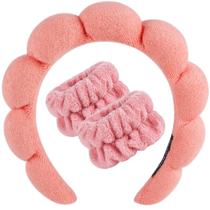 Zkptops Spa Headband for Washing Face Wristband Set Sponge Makeup Skincare Terry Cloth Bubble Soft Get Ready Hairband for Women Girl Puffy Padded Headwear Non Slip Thick Hair Accessory(Orange Pink)
